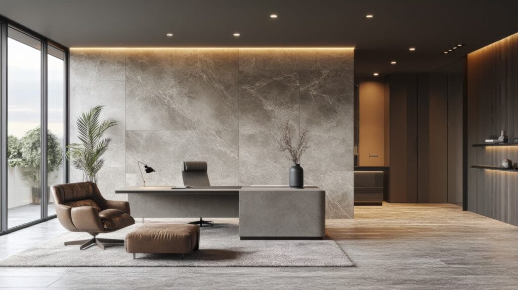 Bureau élégant et moderne avec des murs en marbre et une vue imprenable, créant un environnement de travail luxueux et inspirant.